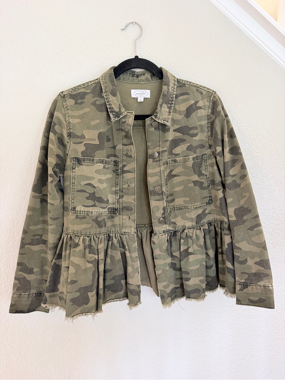 Mud Pie Banks Green Camo Denim Peplum Jacket Size Small